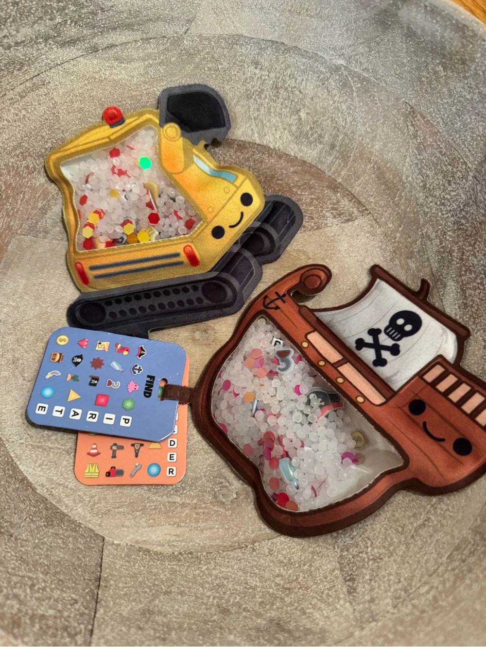 Yellow Excavator & Brown Pirate Ship Sensory Shakers - Scavenger Hunt